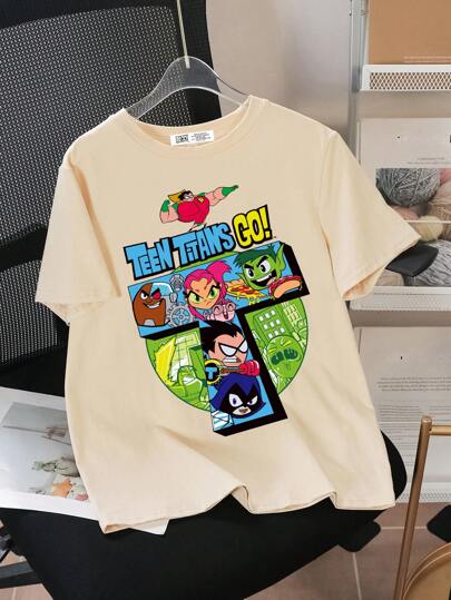Teen Titans Go X SHEIN تي شيرت كم قصير رقبة دائرية مطبوع عليه أرقام وشخصيات كرتونية للأولاد المراهقين ،صيفي
