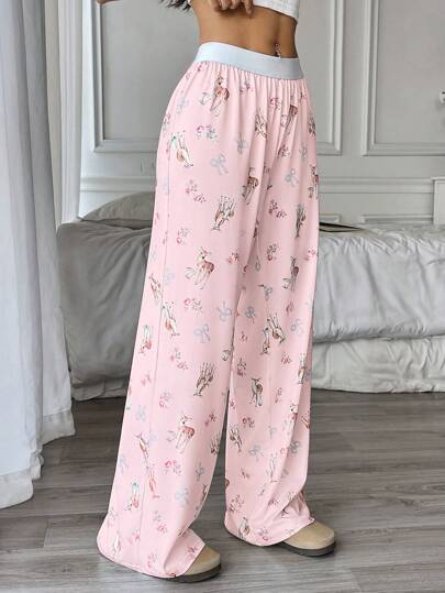 Flirla بنطلون نسائي ناعم كاجوال وأنيق، ذو خصر مطاطي وفضفاض مطبوع بطبعة شكل أيل، قطني