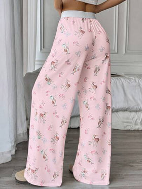 Flirla بنطلون نسائي ناعم كاجوال وأنيق، ذو خصر مطاطي وفضفاض مطبوع بطبعة شكل أيل، قطني