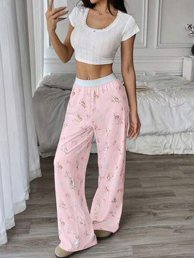 Flirla بنطلون نسائي ناعم كاجوال وأنيق، ذو خصر مطاطي وفضفاض مطبوع بطبعة شكل أيل، قطني