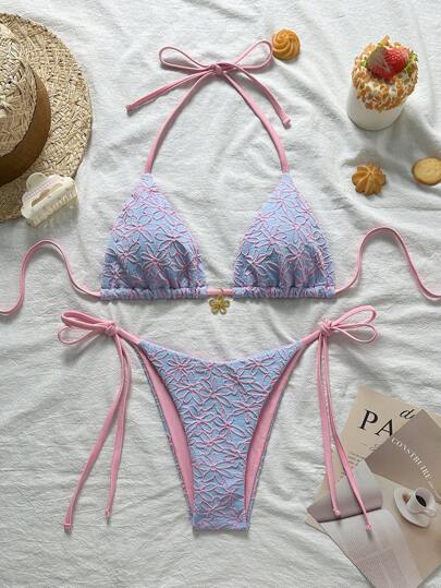 Swim Mod مجموعة من 2 قطعة ملابس سباحة بيكيني جريء ذو قطع سريعة وأسلوب تقليدي، بطبعة نباتية ملائمة لعطلات الربيع، شاطئي، مثير