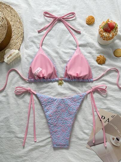 Swim Mod مجموعة من 2 قطعة ملابس سباحة بيكيني جريء ذو قطع سريعة وأسلوب تقليدي، بطبعة نباتية ملائمة لعطلات الربيع، شاطئي، مثير