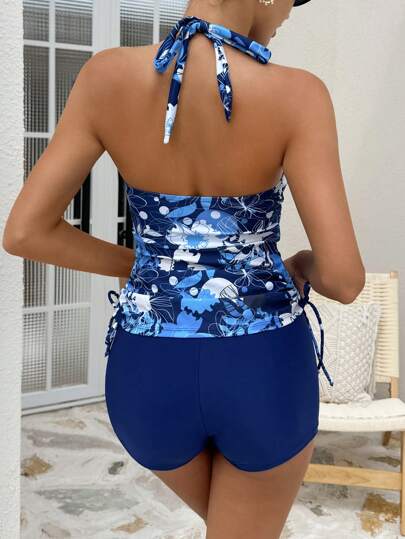 طقم تانكيني حريمي Swim Lushoire مجموعة ملابس سباحة تانكيني مع طبعة زهرية عنق حكاكي للنساء، طبعات عشوائية للعطلات
