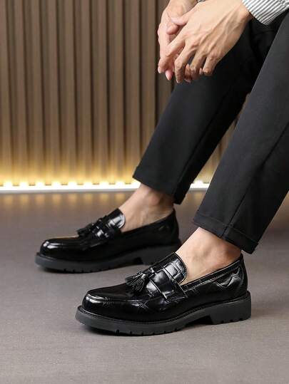 أحذية جلدية رجالية، بطراز بريطاني، سميكة الأرضية، موكاسين مزخرف، رسمية وكاجوال للأعمال
