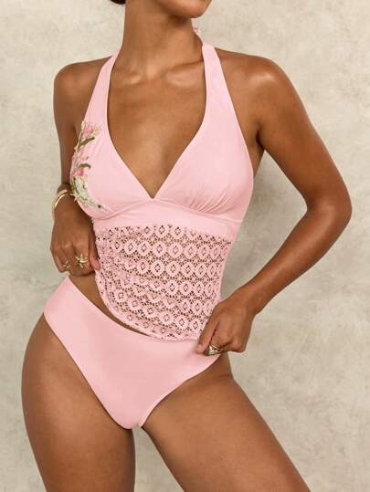 طقم تانكيني حريمي Swim Chiccia كامسول نسائي أنيق مطرز بشكل زهري وشبكي، للبس منفرد أو كبيكيني باستخدام في الربيع والصيف، للاستخدام الكاجوال والشواطئ والإجازات