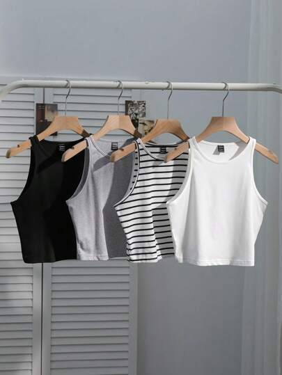 SHEIN EZwear مجموعة كاجوال للنساء مكونة من 4 قطع، توب مخطط باللونين الأسود والأبيض ضيق التفصيل، متعدد الاستخدامات وجذاب للصيف والعودة إلى المدرسة