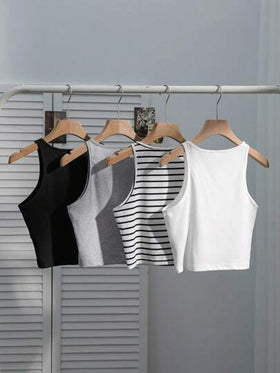 SHEIN EZwear مجموعة كاجوال للنساء مكونة من 4 قطع، توب مخطط باللونين الأسود والأبيض ضيق التفصيل، متعدد الاستخدامات وجذاب للصيف والعودة إلى المدرسة