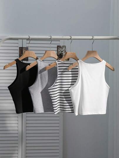 SHEIN EZwear مجموعة كاجوال للنساء مكونة من 4 قطع، توب مخطط باللونين الأسود والأبيض ضيق التفصيل، متعدد الاستخدامات وجذاب للصيف والعودة إلى المدرسة