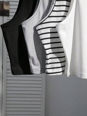 SHEIN EZwear مجموعة كاجوال للنساء مكونة من 4 قطع، توب مخطط باللونين الأسود والأبيض ضيق التفصيل، متعدد الاستخدامات وجذاب للصيف والعودة إلى المدرسة