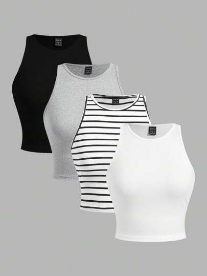 SHEIN EZwear مجموعة كاجوال للنساء مكونة من 4 قطع، توب مخطط باللونين الأسود والأبيض ضيق التفصيل، متعدد الاستخدامات وجذاب للصيف والعودة إلى المدرسة