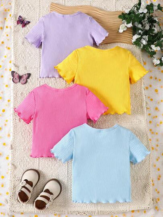 SHEIN 4 قطع قمصان أطفال بنات مريحة وشاملة ومزينة برسومات راقية بأكمام قصيرة