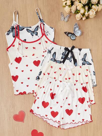 Shein Underwear&Sleepwear Basics 3 قطع مجموعة تشمل بيجامة بطبعة القلب والفراشة، تتكون من توب وشورت