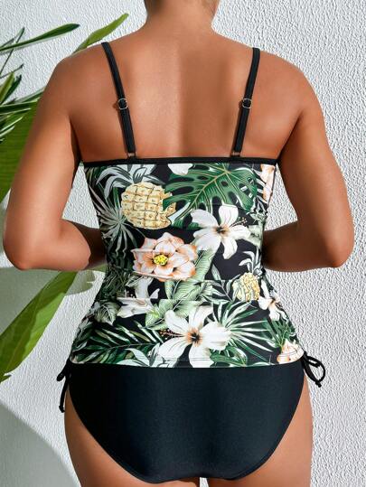طقم تانكيني حريمي Swim Lushoire بيكيني طقمين سيدات لضباب من القطن النقي مع غطاء (كارديجان) مطبوع بطبعات نباتات استوائية، وجوانب مرتشفة وسحاب لاسلكي مريح