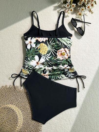 طقم تانكيني حريمي Swim Lushoire بيكيني طقمين سيدات لضباب من القطن النقي مع غطاء (كارديجان) مطبوع بطبعات نباتات استوائية، وجوانب مرتشفة وسحاب لاسلكي مريح