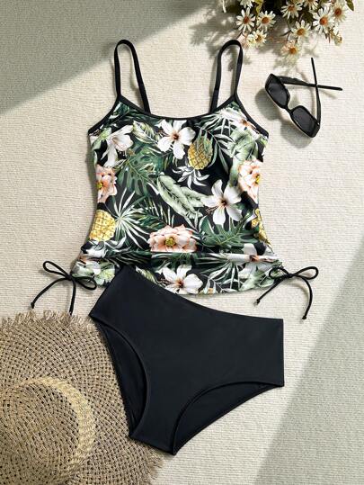طقم تانكيني حريمي Swim Lushoire بيكيني طقمين سيدات لضباب من القطن النقي مع غطاء (كارديجان) مطبوع بطبعات نباتات استوائية، وجوانب مرتشفة وسحاب لاسلكي مريح