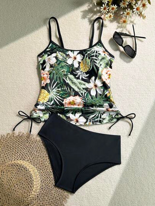 طقم تانكيني حريمي Swim Lushoire بيكيني طقمين سيدات لضباب من القطن النقي مع غطاء (كارديجان) مطبوع بطبعات نباتات استوائية، وجوانب مرتشفة وسحاب لاسلكي مريح
