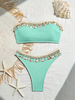 طقم تانكيني حريمي Swim SXY طقم ملابس سباحة تانكيني للنساء بطبعات المحار والشريط بتصميم الحلقة الخلفية والشريطة العصرية