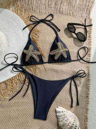 Swim Chiccia بيكيني من قطعتين للنساء ذو تصميم نجمة البحر المرصعة بالراين ستون، مع ربطة في الأعلى والجانب ، مجموعة سباحة راقية، طراز بوهيمي مناسب للاحتفالات