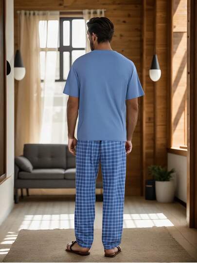 3 قطع بيجاما رجالية، تي شيرت بياقة طاقم وجيب، شورت وبنطلون كلاسيكي مربع، بدلة نوم كاجوال
