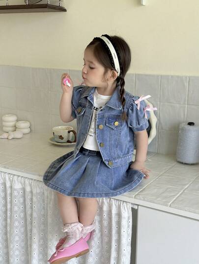 SHEIN Vintaside Kids طقم بنطلون جينز وتنورة مطوية للبنات من عمر 0-3 سنوات، ملابس ربيعية/صيفية للبنات الرضع، فستان بنات رضع