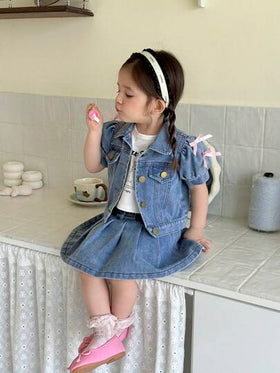 SHEIN Vintaside Kids طقم بنطلون جينز وتنورة مطوية للبنات من عمر 0-3 سنوات، ملابس ربيعية/صيفية للبنات الرضع، فستان بنات رضع