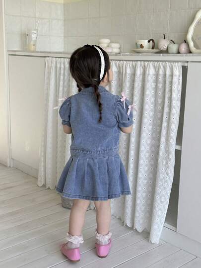 SHEIN Vintaside Kids طقم بنطلون جينز وتنورة مطوية للبنات من عمر 0-3 سنوات، ملابس ربيعية/صيفية للبنات الرضع، فستان بنات رضع