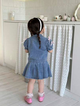 SHEIN Vintaside Kids طقم بنطلون جينز وتنورة مطوية للبنات من عمر 0-3 سنوات، ملابس ربيعية/صيفية للبنات الرضع، فستان بنات رضع