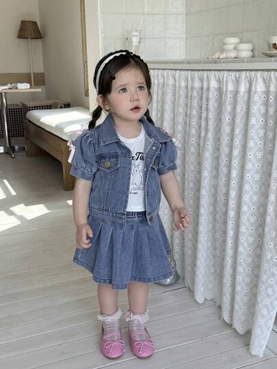 SHEIN Vintaside Kids طقم بنطلون جينز وتنورة مطوية للبنات من عمر 0-3 سنوات، ملابس ربيعية/صيفية للبنات الرضع، فستان بنات رضع
