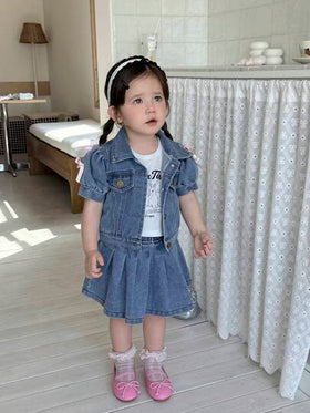 SHEIN Vintaside Kids طقم بنطلون جينز وتنورة مطوية للبنات من عمر 0-3 سنوات، ملابس ربيعية/صيفية للبنات الرضع، فستان بنات رضع