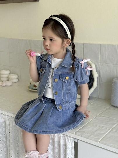 SHEIN Vintaside Kids طقم بنطلون جينز وتنورة مطوية للبنات من عمر 0-3 سنوات، ملابس ربيعية/صيفية للبنات الرضع، فستان بنات رضع