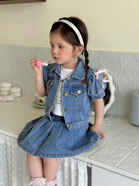 SHEIN Vintaside Kids طقم بنطلون جينز وتنورة مطوية للبنات من عمر 0-3 سنوات، ملابس ربيعية/صيفية للبنات الرضع، فستان بنات رضع