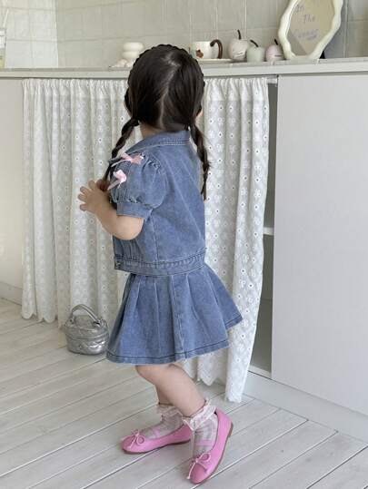 SHEIN Vintaside Kids طقم بنطلون جينز وتنورة مطوية للبنات من عمر 0-3 سنوات، ملابس ربيعية/صيفية للبنات الرضع، فستان بنات رضع
