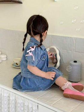SHEIN Vintaside Kids طقم بنطلون جينز وتنورة مطوية للبنات من عمر 0-3 سنوات، ملابس ربيعية/صيفية للبنات الرضع، فستان بنات رضع