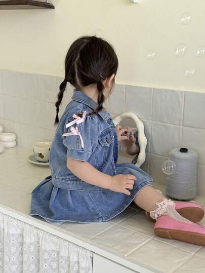SHEIN Vintaside Kids طقم بنطلون جينز وتنورة مطوية للبنات من عمر 0-3 سنوات، ملابس ربيعية/صيفية للبنات الرضع، فستان بنات رضع