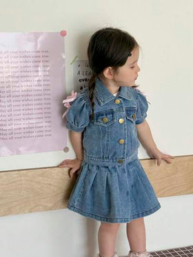 SHEIN Vintaside Kids طقم بنطلون جينز وتنورة مطوية للبنات من عمر 0-3 سنوات، ملابس ربيعية/صيفية للبنات الرضع، فستان بنات رضع