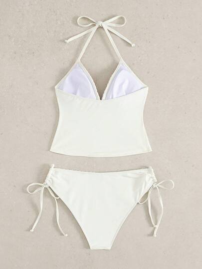 طقم تانكيني حريمي Swim Mod مجموعة من قطعتين للنساء، شاملة ملابس علوية كروشيه بياقة مخملي مطرز بالزهور وسروال شرطة للبحر، إطلالة صيفية