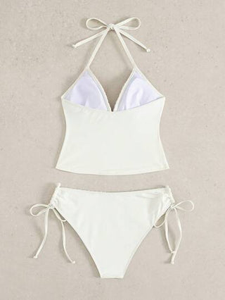 طقم تانكيني حريمي Swim Mod مجموعة من قطعتين للنساء، شاملة ملابس علوية كروشيه بياقة مخملي مطرز بالزهور وسروال شرطة للبحر، إطلالة صيفية
