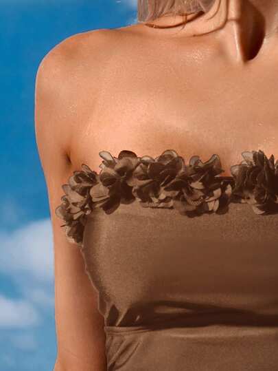 طقم تانكيني حريمي Swim Lushoire طقم بيكيني مع ملابس علوية على هيئة شرائط نصف دائرية وطباعة ثلاثية الأبعاد للزهور ، للعطلات والشاطئ