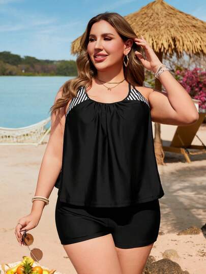Swim Lushoire مجموعتان من البيكيني النسائي مقاس كبير ذو طبعات عشوائية ولحمات, بدون أكمام وظهر مكشوف ومربوط متقاطعًا، للشاطئ والمنتجعات السياحية