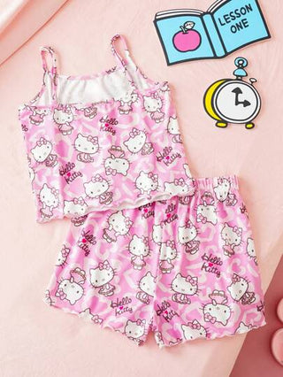 بيجاما HELLO KITTY AND FRIENDS |  طقم بيجاما للفتيات المراهقات مكون من قميص وشورت بطباعة كرتونية وردية لطيفة