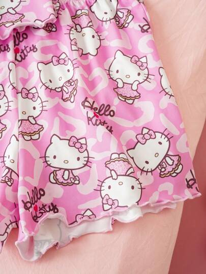 بيجاما HELLO KITTY AND FRIENDS |  طقم بيجاما للفتيات المراهقات مكون من قميص وشورت بطباعة كرتونية وردية لطيفة