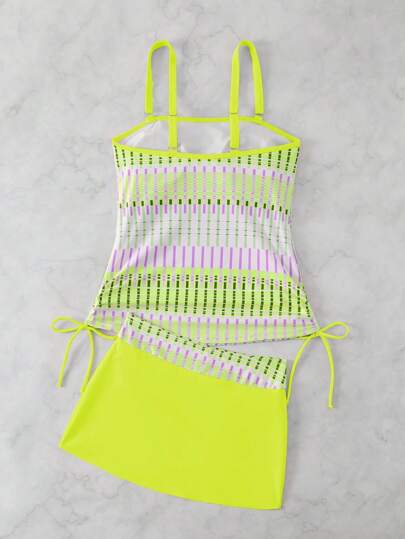 طقم تانكيني حريمي Swim Lushoire مجموعة ملابس علوية بتصميم المربعات المطبوعة وحواف سحابة مع بنطال خصر عالي ذو انقطاع جانبي ، مجموعة بيكيني كاجوال ، قطعتان