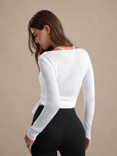 Eassivo Eassivo تي شيرت كاجوال رياضي للنساء بأكمام طويلة مربوطة، تصميم نسيج خفيف وبنية متنوعة للاستخدام في جميع المواسم