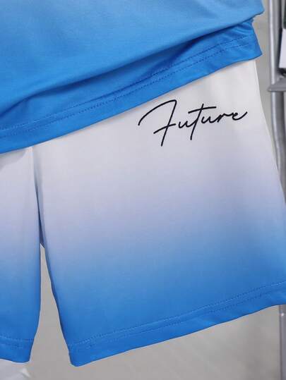 2 قطعة/طقم يشمل قميص كاجوال مع طباعة حرفية بنمط التعتيق وشورت للأولاد في المرحلة المراهقة المبكرة ، مناسب للربيع والصيف