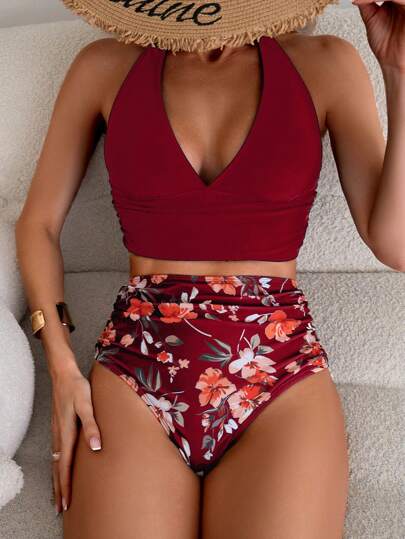 طقم تانكيني حريمي Swim طقم بكيني بقطعتين مطبوع بزهور للنساء، تصميم ربطة عنق وجريء