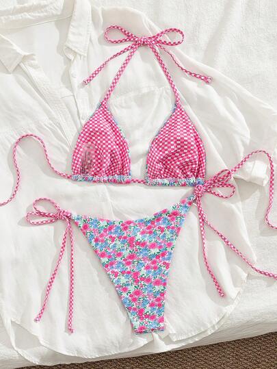Swim Mod بكيني مكون من قطعتين للنساء للصيف والعطلات الشاطئية، مزخرف بطباعة علامة رقعة الاسكتلندية والزهور قابل للعكس