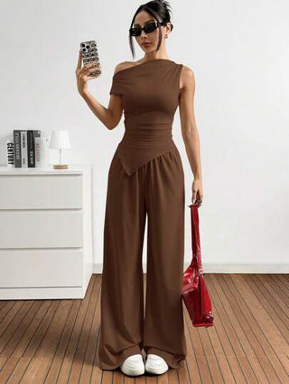 EZwear طقم بقطعتين للمرأة: توب كتف مائل وبنطال من اللون الصلب المحبوك