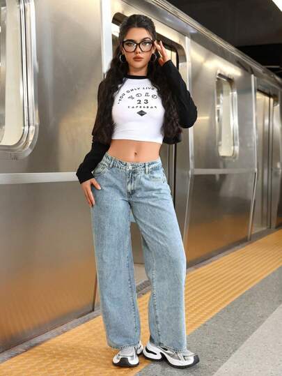 SHEIN PETITE سراويل جينز واسعة وذات جيوب فضفاضة للنساء