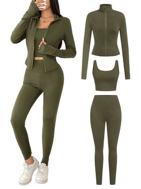 SHEIN EZwear بدلة رياضية مكونة من 3 قطع (جاكيت أخضر عسكري طويل الأكمام مزود بسحاب ، جاكيت وبنطلون جينز) مصنوعة من الأقمشة المحبوكة للنساء