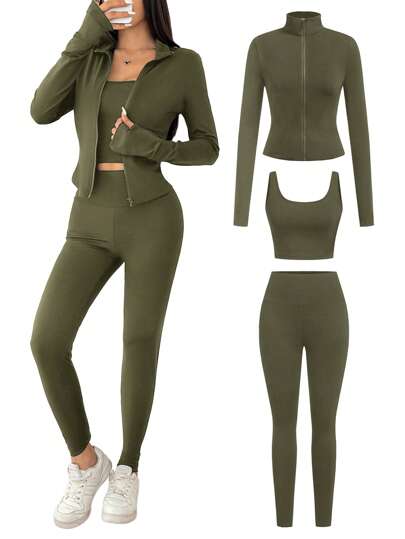 SHEIN EZwear بدلة رياضية مكونة من 3 قطع (جاكيت أخضر عسكري طويل الأكمام مزود بسحاب ، جاكيت وبنطلون جينز) مصنوعة من الأقمشة المحبوكة للنساء